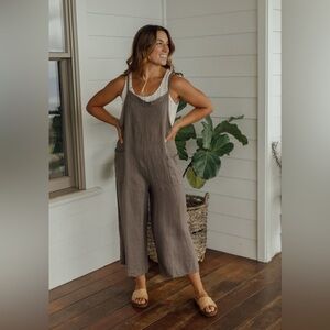 Sleeveless Linen-Cotton Blend Wide-Leg Jumpsuit - Taupe